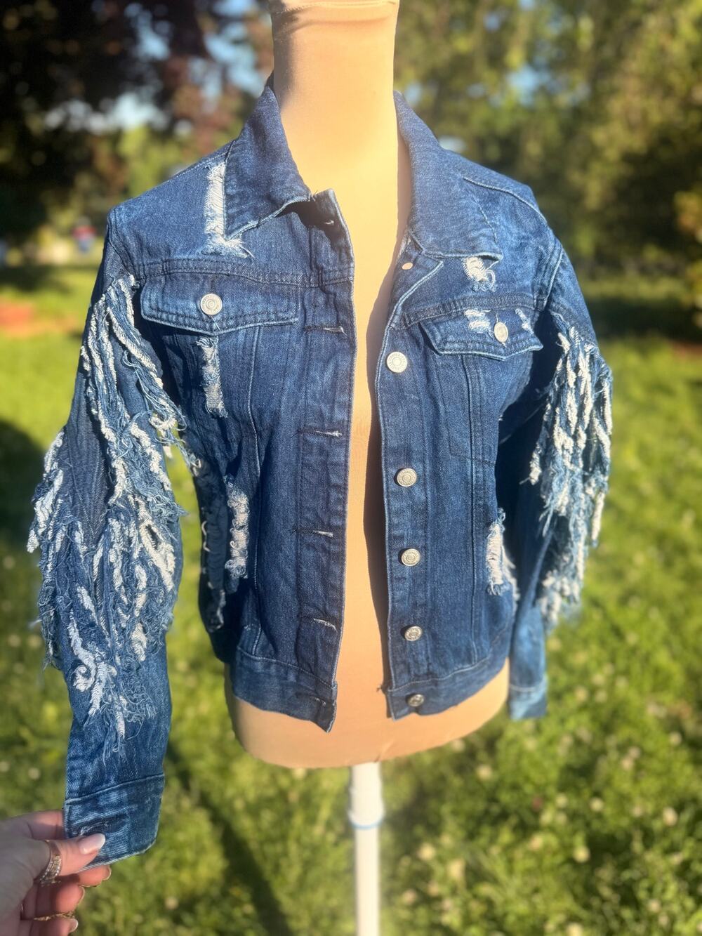 Ripped shredded fringe original OOAK denim jacket Distressed Denim medium